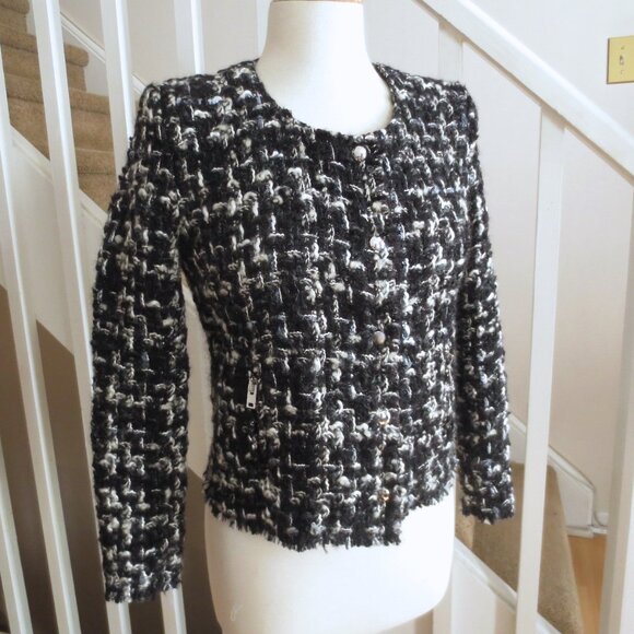 IRO Nalokie Black White Grey Wool Blend Modern Classic French Knit Moto Jacket - Picture 6 of 10